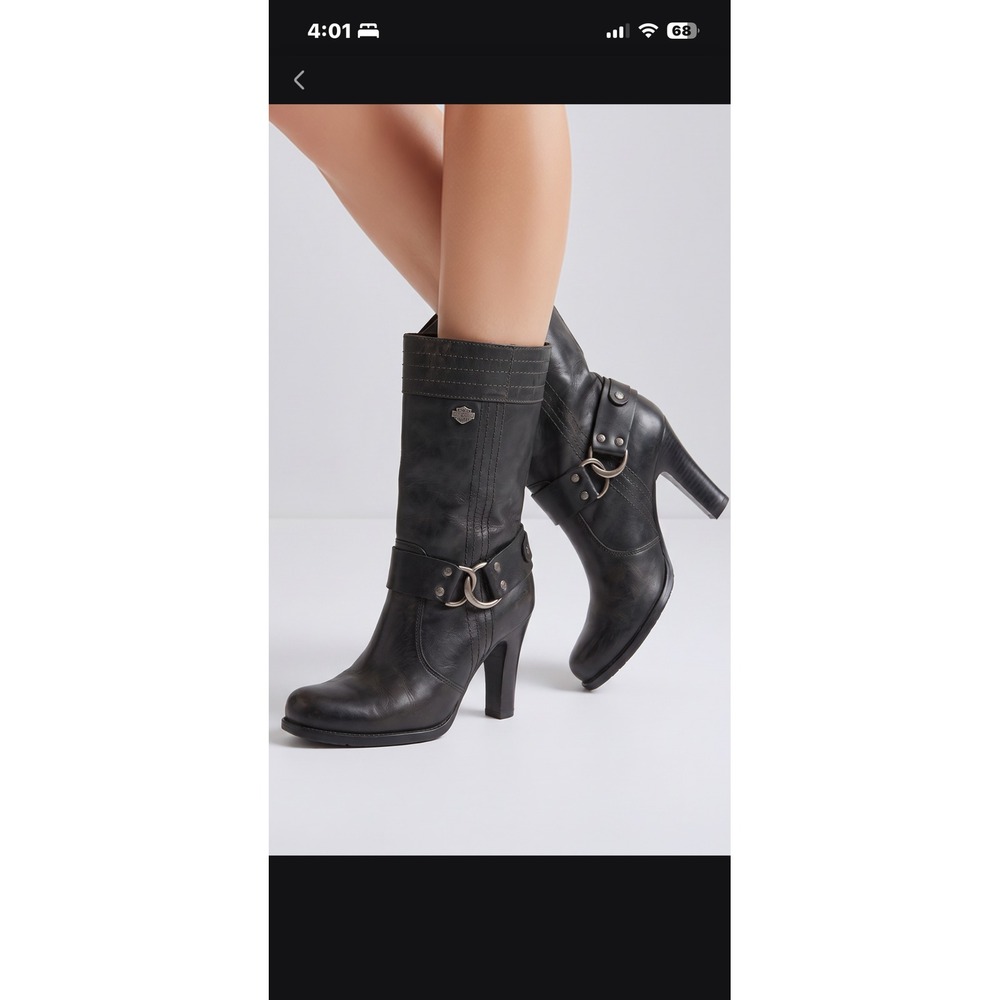 Harley Davidson Womens Black Leather Harness Heeled Boots Mid Calf Biker Riding